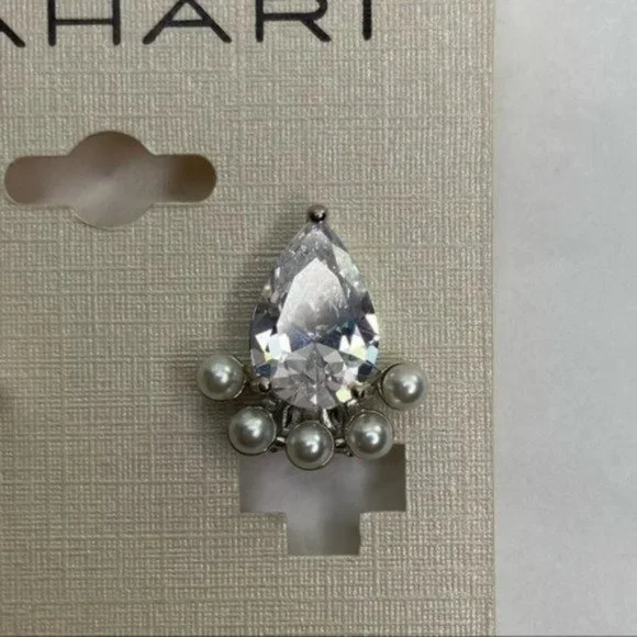 Tahari Silver Teardrop Rhinestone w/ Mini Pearls Detail Clip-On Earrings NEW - Picture 2 of 3